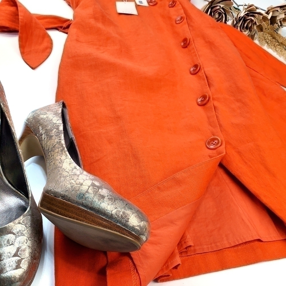 🔴 New JOIE Carmell Warm Terra Orange Linen Dress Size Large - Picture 6 of 16